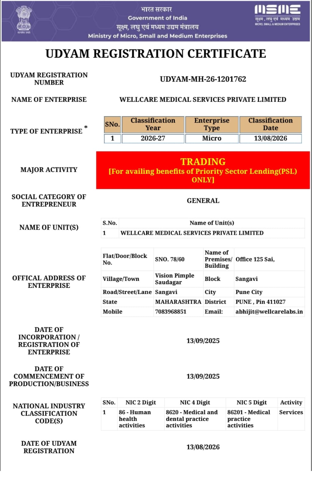 MSME Udyam Registration Certificate – Wellcare Labs